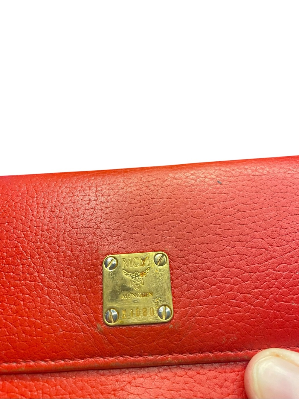 Authentic Vintage MCM Red Pebbled Leather Studded Trifold Wallet – Gold Hardware - Picture 2 of 9